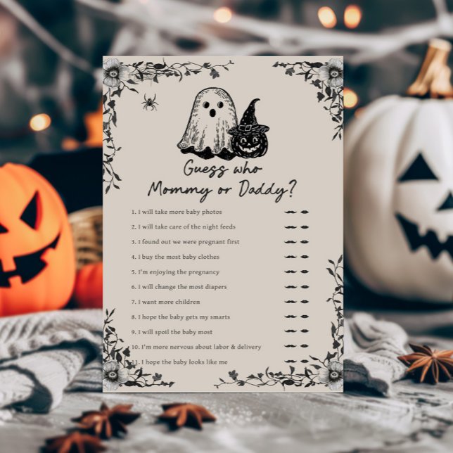 Halloween Gótico Vintage Adivinhe Quem é Mamãe ou  (Black Floral Gothic Little Boo Baby Shower Guess Who Mommy or Daddy Game)