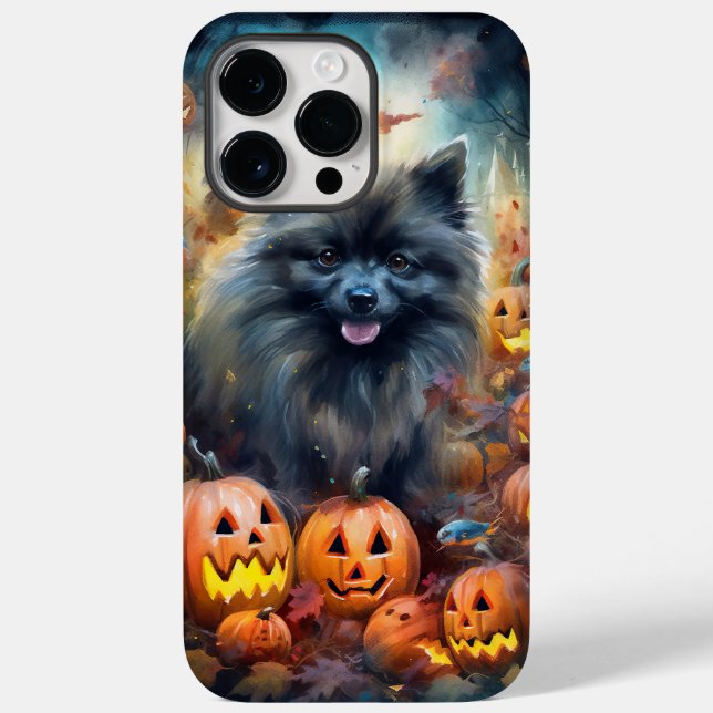 Halloween Keeshond Com Pumpkins Assustado (Verso)