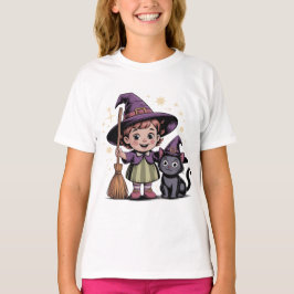 Halloween Kids Witch Girl Cat T-Shirt