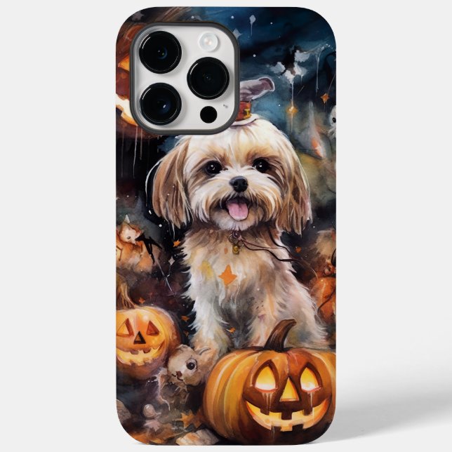 Halloween Lhasa Apso Com Pumpkins Assustado (Verso)