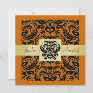 Halloween Orange Mask Black Damask Convite
