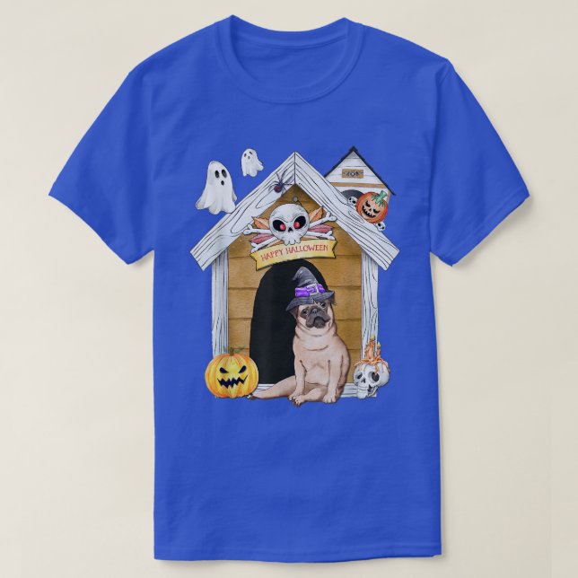 Halloween Pug Dog Witch Haunted House T-Shirt (Frente do Design)