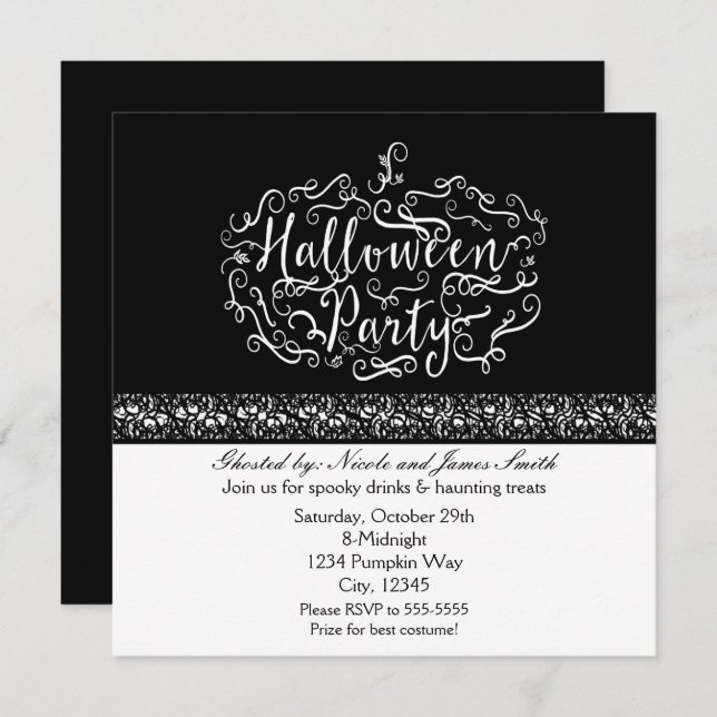 Halloween Pumpkin Elegante Black White Convites (Frente/Verso)