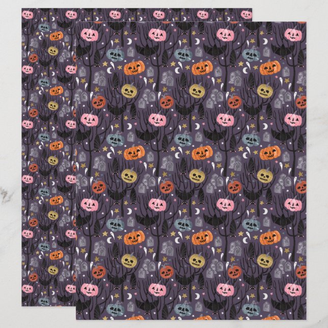 Halloween Pumpkins e Tombstones Scrapbook Paper (Frente/Verso)