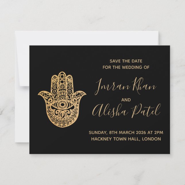 Hamsa Henna Dourado Preto Desi Convite de Casament (Frente)