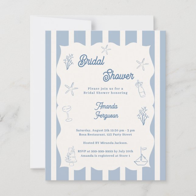 Hand drawn beach blue Bridal Shower invitation (Frente)