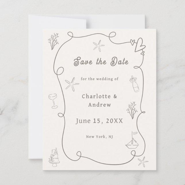 Hand drawn beach ivory taupe wedding Save the Date (Frente)