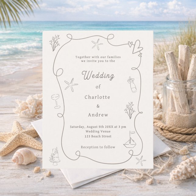 Hand drawn beach sand ivory wedding invitation (Criador carregado)