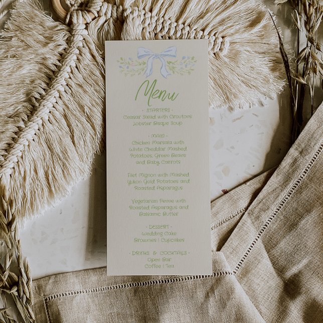 Hand Drawn Blue Bow Floral Summer Wedding Menu  (Criador carregado)