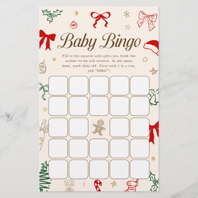 Hand Drawn Christmas Baby Shower Bingo Game (Frente)