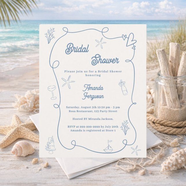 Hand drawn coastal blue Bridal Shower invitation (Criador carregado)
