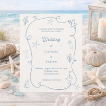 Hand drawn coastal blue ivory wedding invitation