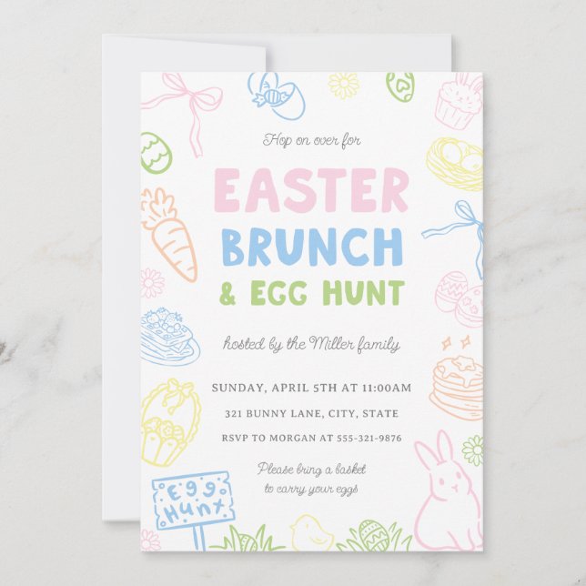 Hand Drawn Pastel Easter Brunch & Egg Hunt Invites (Frente)