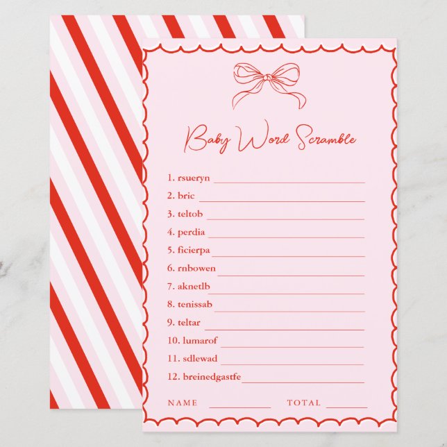 Hand Drawn Pink Red Word Scramble Baby Shower Game (Frente/Verso)