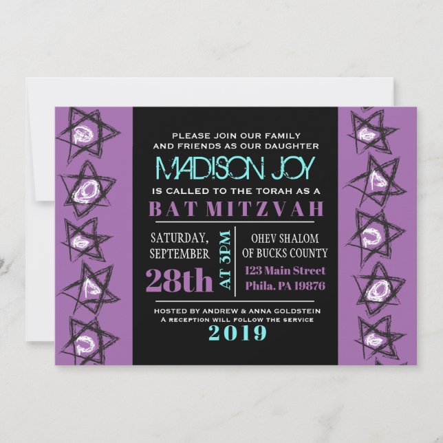 HAND DRAWN STARS Bat Bar Mitzvah Convite (Frente)