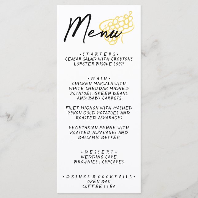 Hand Drawn Yellow White Whimsical Wedding Menu (Frente)