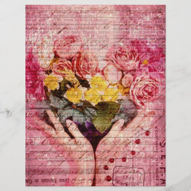 Hand old handwritting paper and pink  yellow roses (Frente)