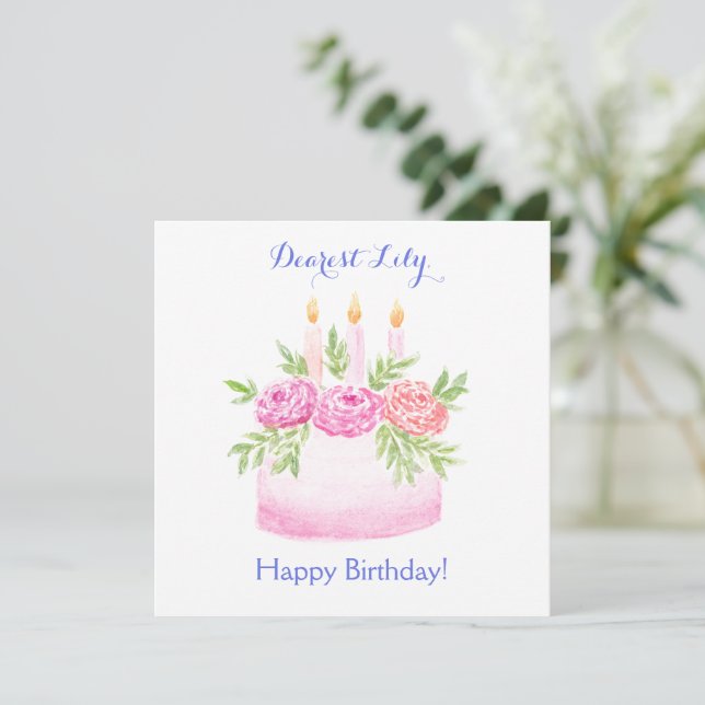 Handpainted Watercolor Floral BIRTHDAY Cake CARD (Em pé/Frente)