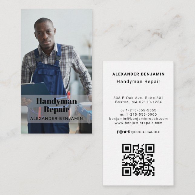 Handyman Repair Photo QR Code Cartão de visita (Frente/Verso)