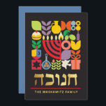 Hanukkah Chanukah Modern Judaísmo Cartão<br><div class="desc">Hanukkah / Chanukah - Cartão Geométrico Colorido Moderno com Folha de Ouro Faux. Menorah, Dreidel, Rosquinhas, estrelas e azeite... Estão todos aqui. Símbolos hebraicos e judeus de Hanukkah espaço para adicionar seu texto personalizado na frente e ao contrário. Feliz desejo Hanukkah. Hebraico na frente diz "Chanukah". Esta bela, bela, olha,...</div>