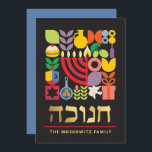Hanukkah Chanukah Modern Judaísmo Cartão<br><div class="desc">Hanukkah / Chanukah - Cartão Geométrico Colorido Moderno com Folha de Ouro Faux. Menorah, Dreidel, Rosquinhas, estrelas e azeite... Estão todos aqui. Símbolos hebraicos e judeus de Hanukkah espaço para adicionar seu texto personalizado na frente e ao contrário. Feliz desejo Hanukkah. Hebraico na frente diz "Chanukah". Esta bela, bela, olha,...</div>