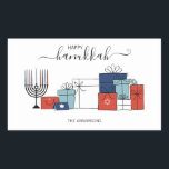 Hanukkah dá presentes e menorah, adesivo de férias<br><div class="desc">Personalize o texto personalizado acima. Você pode encontrar itens de coordenação adicionais em nossa coleção "Presentes de Chanucá e Menorah".</div>
