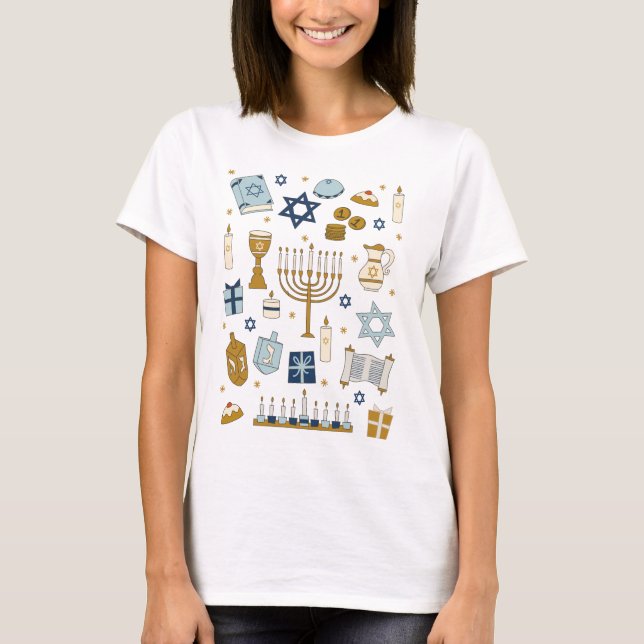 Hanukkah Doodles ilustre fofo, T-Shirt (Frente)