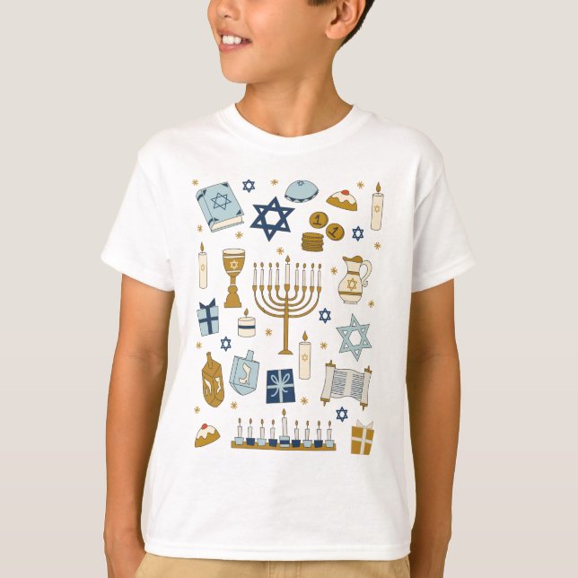 Hanukkah Doodles ilustre fofo, T-Shirt (Frente)