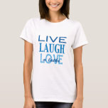 Hanukkah "Live Laugh Love a Latke" Blue T-Shirt<br><div class="desc">Hanukkah "Live Laugh Love a Latke" Blue T-ShirtEscolha entre mais de 155 estilos de camiseta e tamanhos para este design.Camiseta básica e confortável, com um estilo solto, veste bem em toda mulher.Feita com 100% algodão, esta camiseta é incrivelmente suave, além de proporcionar flexibilidade de movimentos. Ajuste padrãoAjuste verdadeiro ao tamanhoFabric...</div>