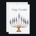 Hanukkah Menorah com Velas Azuis e Brancas Queiman<br><div class="desc">Aquarela com velas azuis e brancas em chamas. Feliz saudação a Chanucá e sentimentos atrás podem ser mudados. Imagem assistida por IA adquirida com uso comercial. Trabalho de arte: CosmicMeta</div>