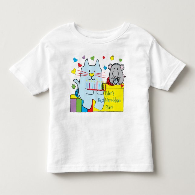 Hanukkah Toddler Jersey T-Shirt Blue Cat and Mouse (Frente)