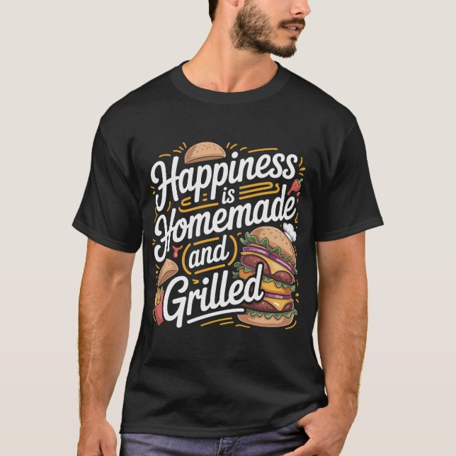 Happiness Homemade Grilled Burger T-Shirt Design (Frente)