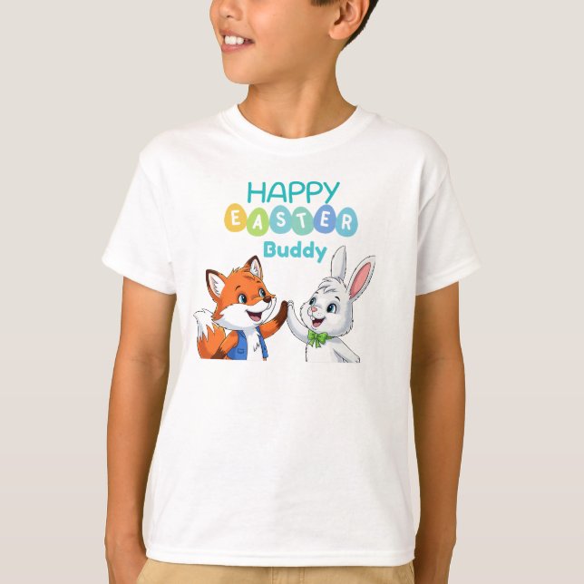 Happy Easter Buddy Cute Bunny and Fox Kids T-Shirt (Frente)