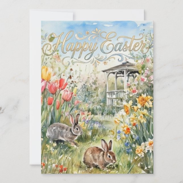 Happy Easter Spring Flowers & Bunnies Easter Card (Frente)