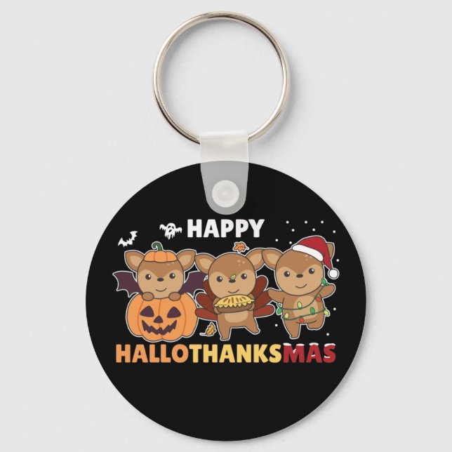 Happy Hallothanksmas Deers Chaveiro de Natal (Frente)