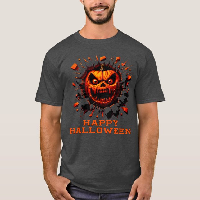 Happy Halloween Pumpkin Smashing Through T-Shirt (Frente)