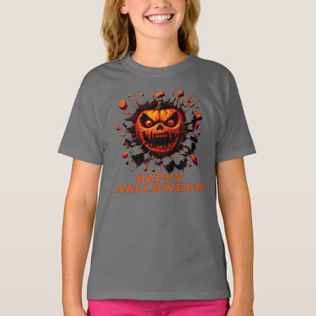 Happy Halloween Pumpkin Smashing Through T-Shirt (Frente)