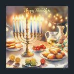 Happy Hanukkah<br><div class="desc">Ilustração de aquarela de Hanukkah. Uma mesa bem arrumada para uma comemoração festiva,  com uma menorah tradicional com velas iluminadas. Luz suave e quente,  enquanto decorações de férias adicionam um toque de alegria. Luzes quentes criando uma atmosfera acolhedora e convidativa.</div>