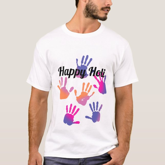 Happy Holi Colorful Handprint T-Shirt (Frente)