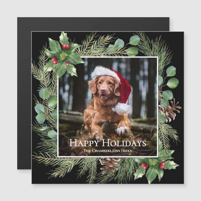 Happy Holidays Pet Photo Wreath Magnetic Card (Frente/Verso)