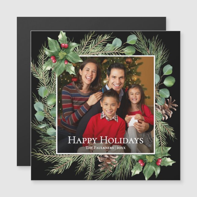 Happy Holidays Photo Wreath Greenery Magnetic Card (Frente/Verso)