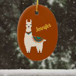 Happy Llama com nome no ornamento de cerâmica verm