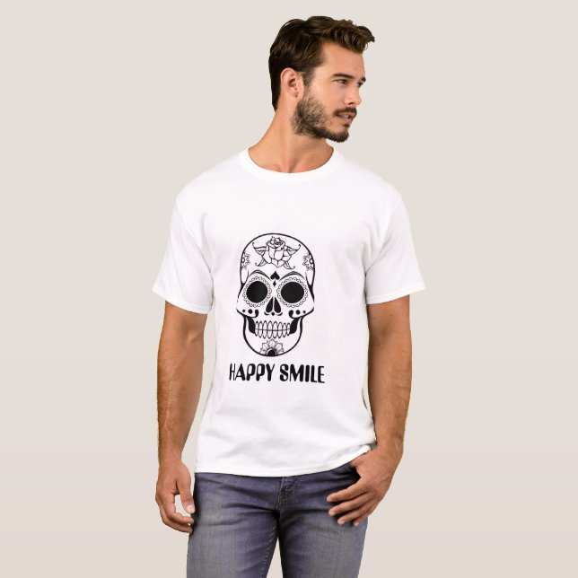 Happy Smile Skull – Stylish Floral Skull T-Shirt  (Frente Completa)
