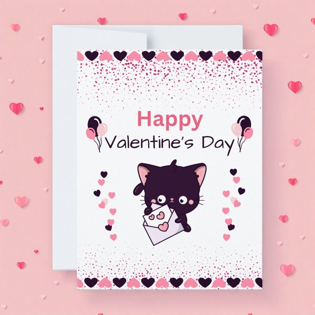 Happy Valentine’s Day Kawaii Cat Kids Flat Card (Criador carregado)
