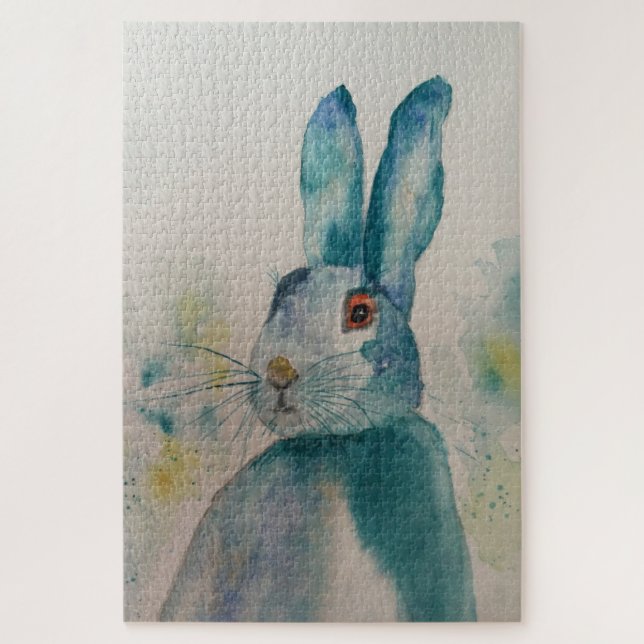 Hare Rabbit Watercolor Quebra-cabeça Azul (Vertical)
