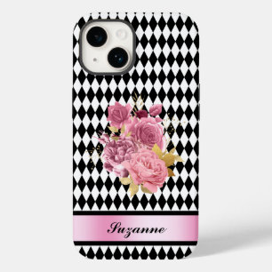 Harlequin branco preto com flor rosa e nome