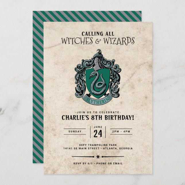 Harry Potter Birthday | Convite Slytherin (Frente/Verso)