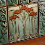 Harvest Crescendo Art Nouveau Azulejo cerâmico<br><div class="desc">Este azulejo cerâmico cativante transporta-o até à altura da elegância Art Nouveau, onde as formas da natureza são reimaginadas em designs ornamentados. Uma cobertura de cogumelos estilizados ou, talvez, fãs florais em uma colheita vibrante desdobra laranja contra um sábio tranquilo e canvas de azeitona pálida. Seus caules, traçados nas matizes...</div>