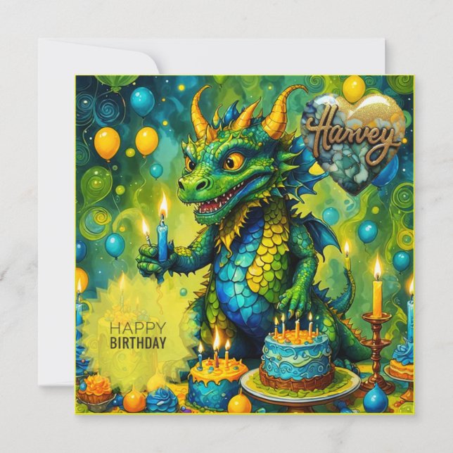 HARVEY ~ Cartão de Aniversário ~ Dinossauro ~ Verd (Frente)