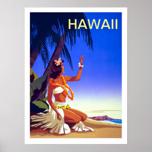 Havaí, menina na ilha tropica, poster das viagens